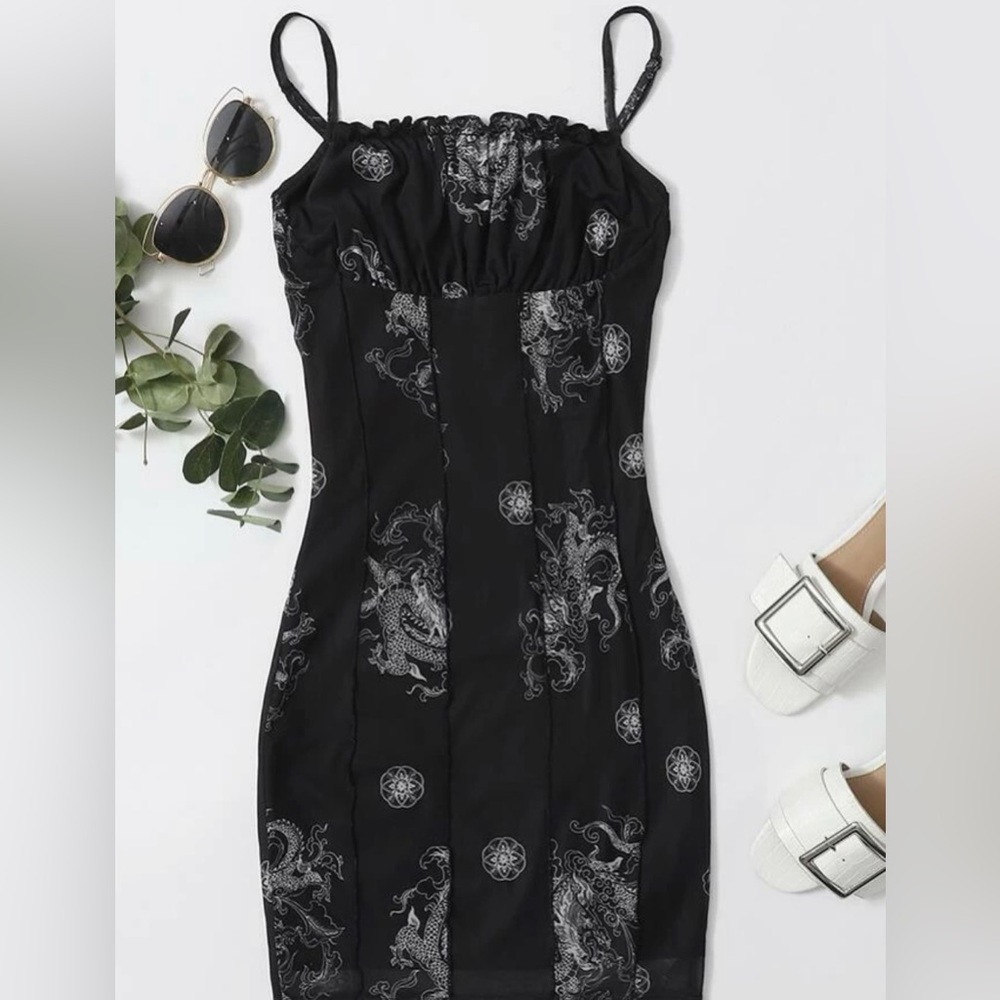 Dragon Print Bust Frill Trim Mesh Overlay| Goth, Alternative